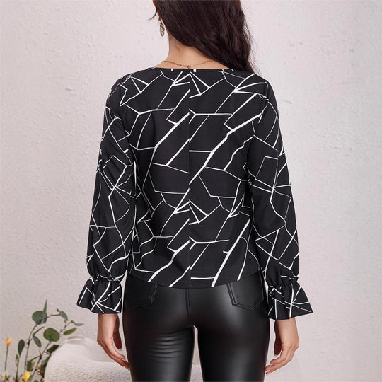 Damen Bluse mit geometrischem Muster und Rüschendetails EB