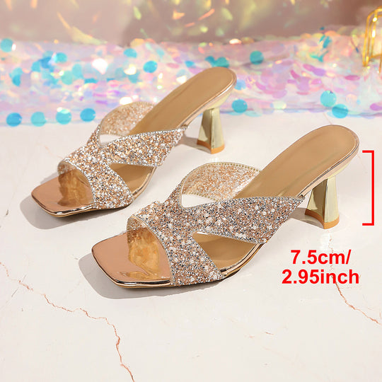 Damen Glamouröse High Heel Pantoletten mit glitzernden Riemen EB