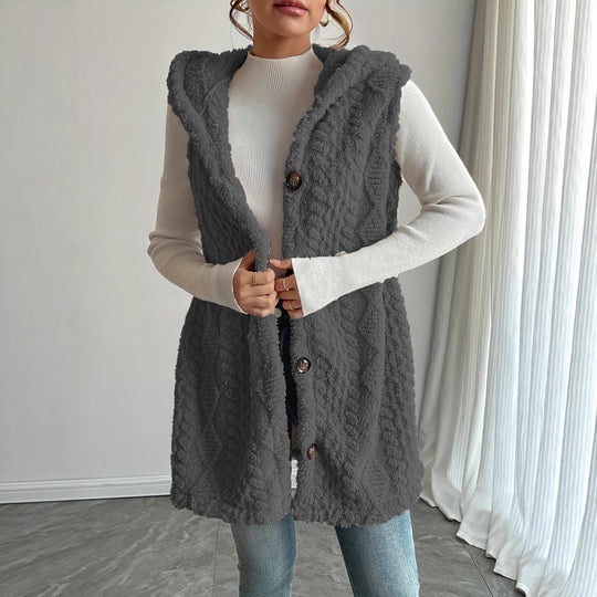 Damen Stylish gesteppte Weste mit Kapuze und Knopfverschluss EB