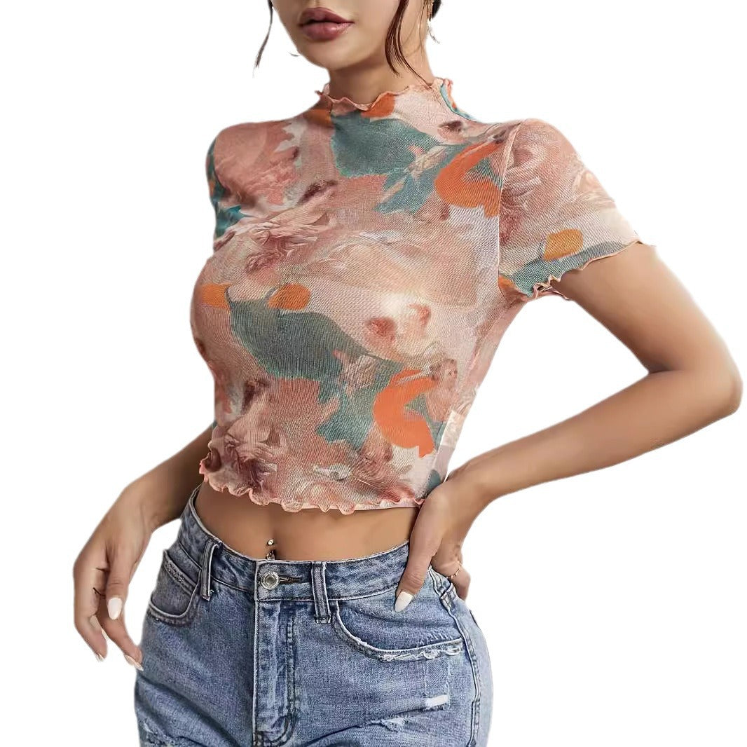 Damen figurbetonter Turtleneck-Body mit kunstvollem Druck EB
