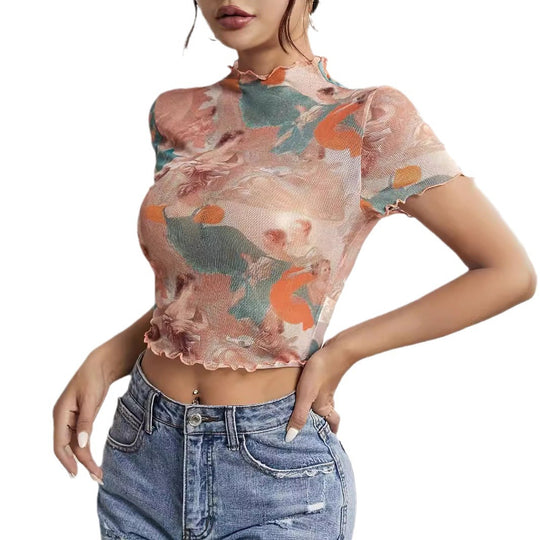 Damen nan figurnahes transparentes Mesh-Top mit barockem Engeldruck, Stehkragen und Kräuselsaum EB