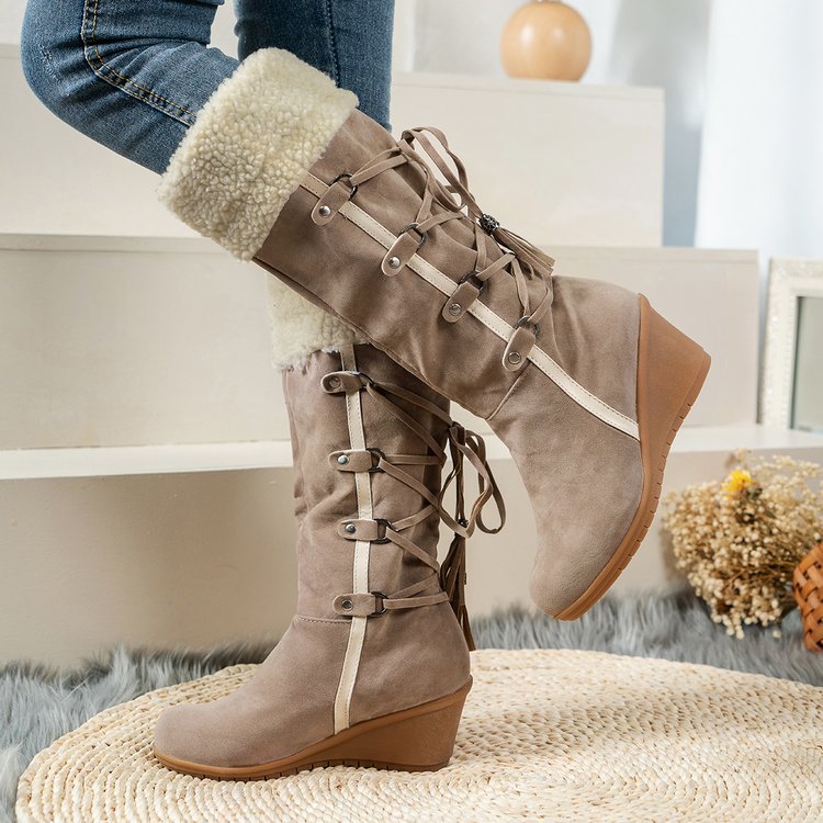 Damen Wedge-Stiefel mit gefüttertem Innenbereich und modischem Schnür-Design EB