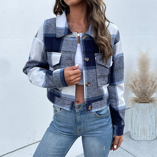 Damen Karierte Denimjacke mit Knöpfen und Brusttaschen EB