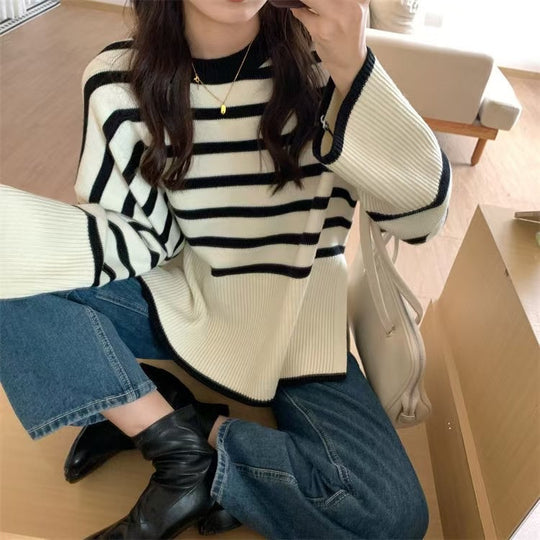 Damen gemütlicher Strickpullover mit Streifen EB