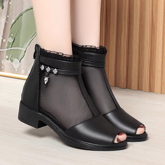 Damen Modische Ankle Boots mit transparentem Mesh-Einsatz und eleganten Schmuckdetails EB
