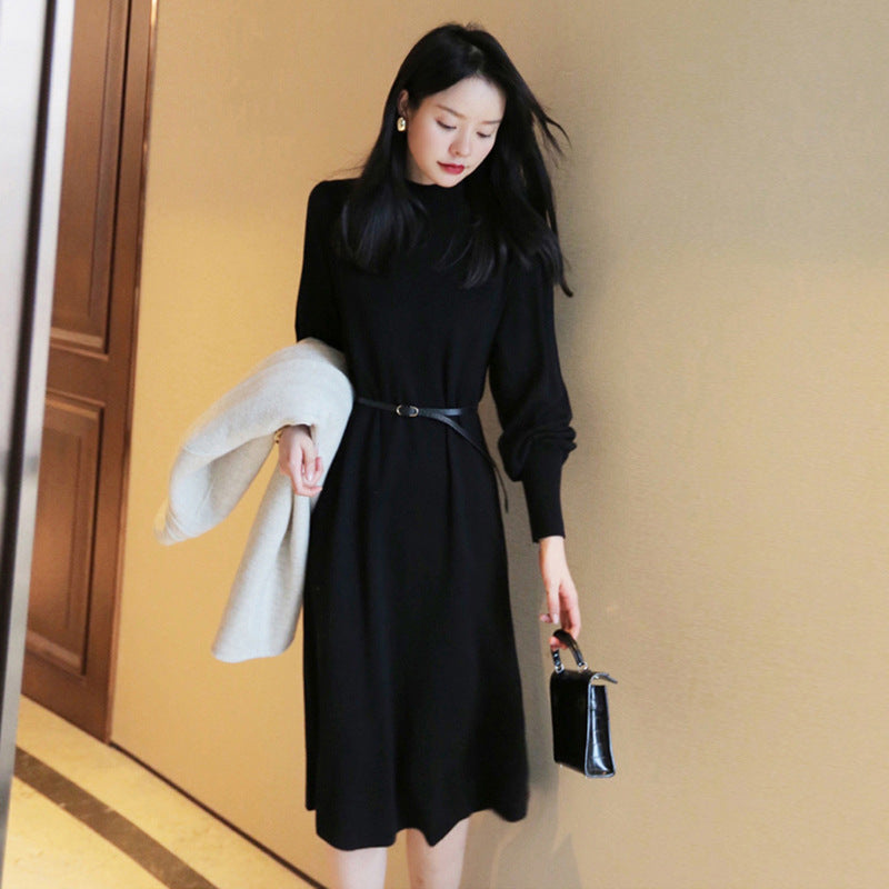 Damen Elegantes Knielanges Kleid mit Gürtel und Langarm EB