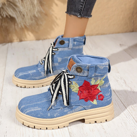 Damen Modische Schnürstiefeletten mit floralem Stickmuster und rutschfester Sohle EB