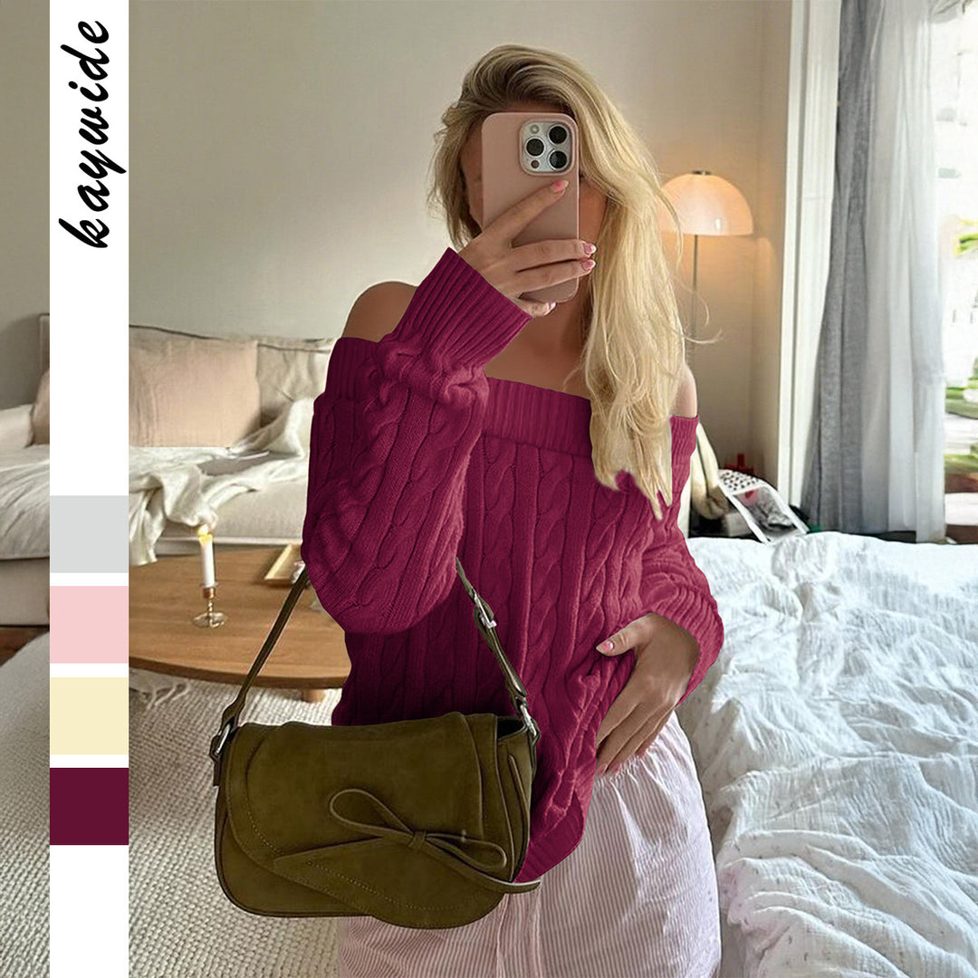 Damen nan oversized schulterfreier Zopfstrickpullover mit geripptem Ausschnitt und Ballonärmeln EB