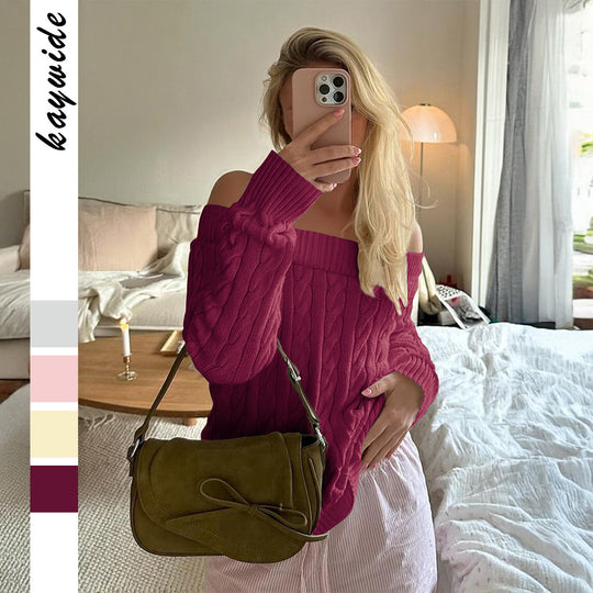 Damen nan oversized schulterfreier Zopfstrickpullover mit geripptem Ausschnitt und Ballonärmeln EB
