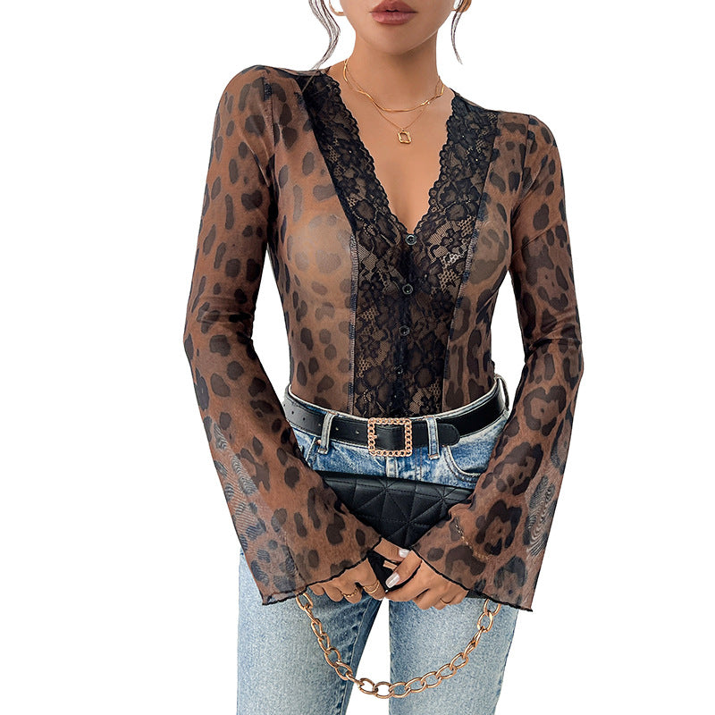 Damen Transparenter Mesh-Body mit Spitzen-V-Ausschnitt, Leopardenprint und Trompetenärmeln EB