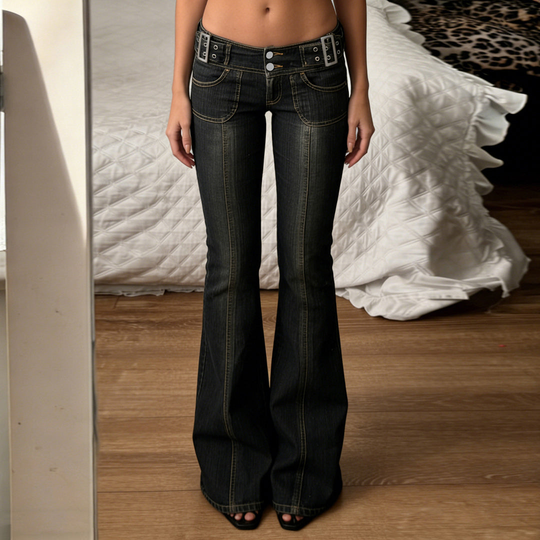 Damen Flared Jeans mit modischen Steppnähten und anpassbarem Bund EB