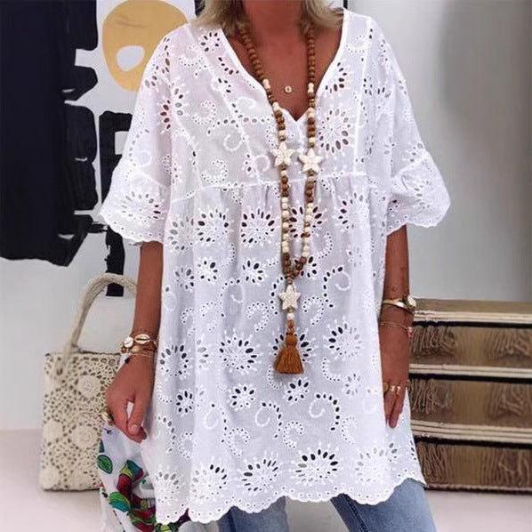 Damen Bluse mit floralen Stickereien und weiten Ärmeln EB