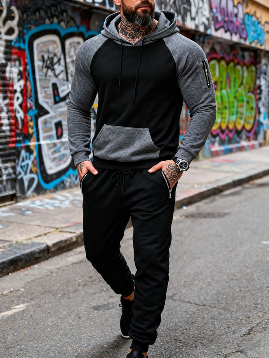 Herren nan zweiteiliges Kapuzen-Sweatset mit Raglanärmeln, Ärmel-Zip-Tasche und tapered Jogginghose EB