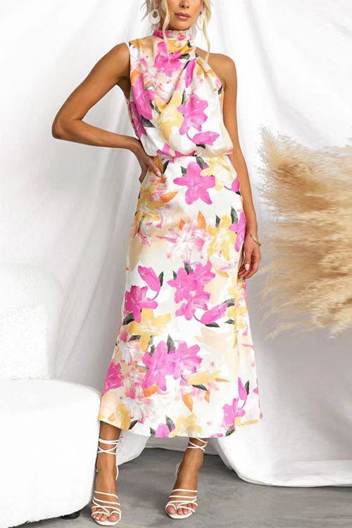 Damen Maxikleid mit asymmetrischem Oberteil und floralem Druck EB