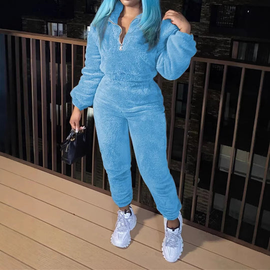 Damen nan kuscheliges Teddy-Lounge-Set mit Halbzip und Highwaist-Jogger EB