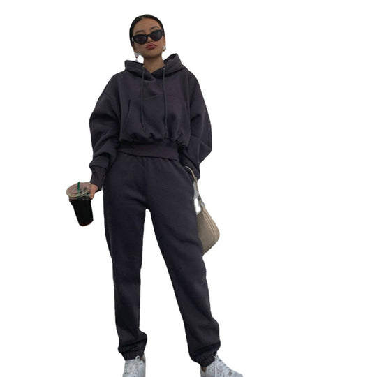 Damen kurzes Oversize-Kapuzenpullover-Set mit elastischer High-Waist-Jogginghose aus Baumwollfleece EB