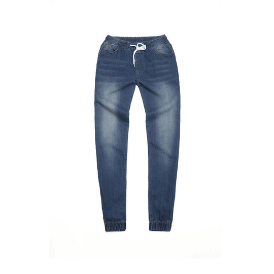 Damen nan schmal geschnittene Denim-Jogginghose mit Elastikbund, Tunnelzug und elastischen Beinbündchen EB