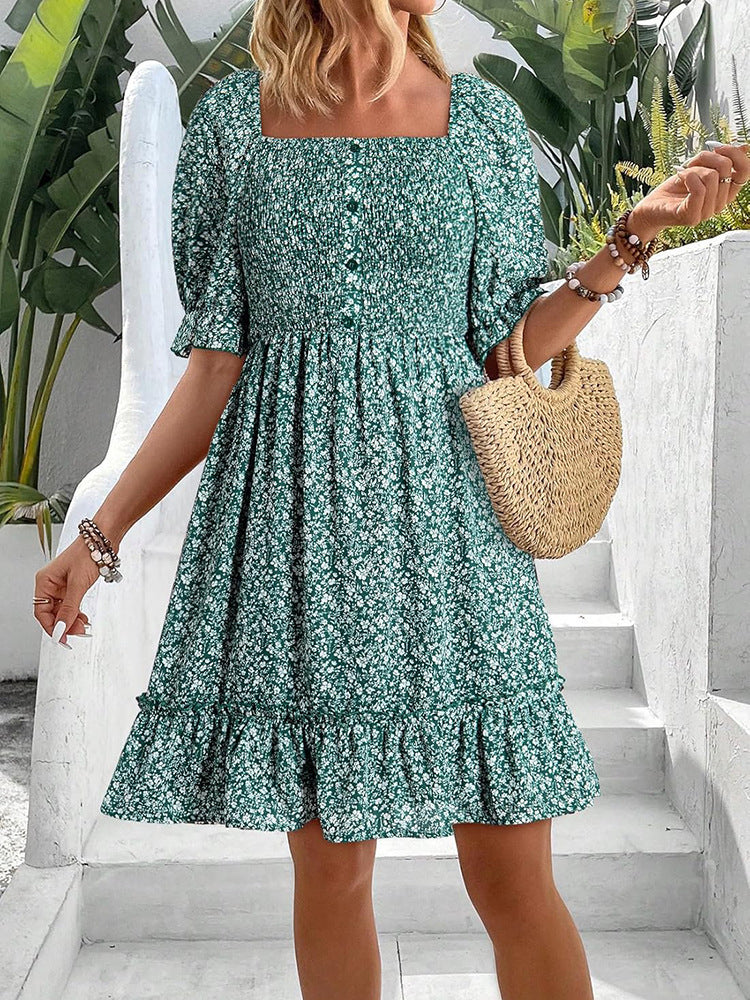 Damen romantisches Sommerkleid mit Puffärmeln und Rüschen EB