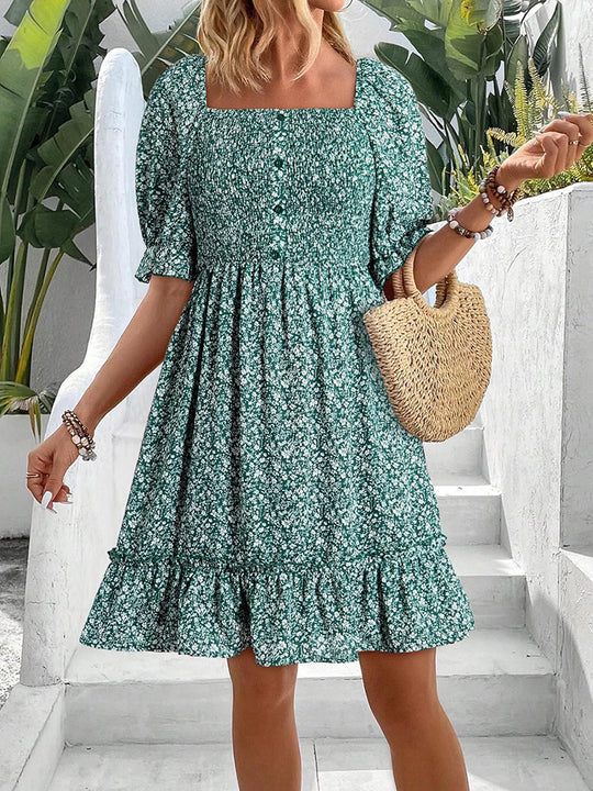 Damen romantisches Sommerkleid mit Puffärmeln und Rüschen EB