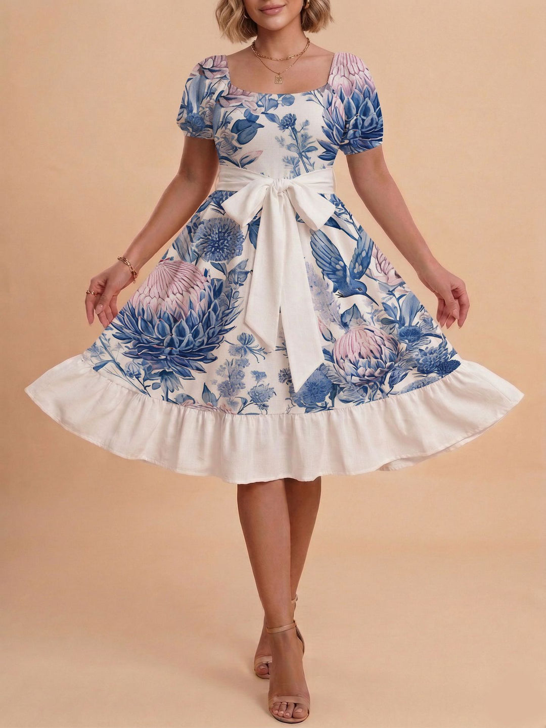 Damen Retro Maxikleid mit Puffärmeln und Taillengürtel EB