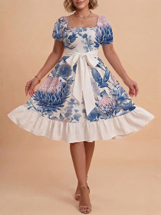 Damen Retro Maxikleid mit Puffärmeln und Taillengürtel EB
