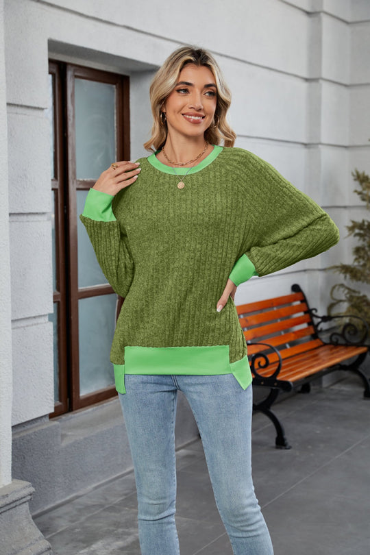 Damen lässiger Pullover mit kontrastierenden Ärmelabschlüssen und einzigartiger Textur EB