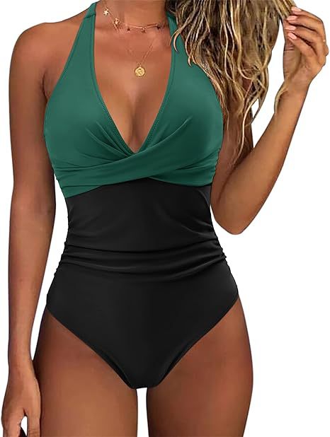 Damen Hochtaillierter Badeanzug mit tiefem V-Ausschnitt und floralem Design EB
