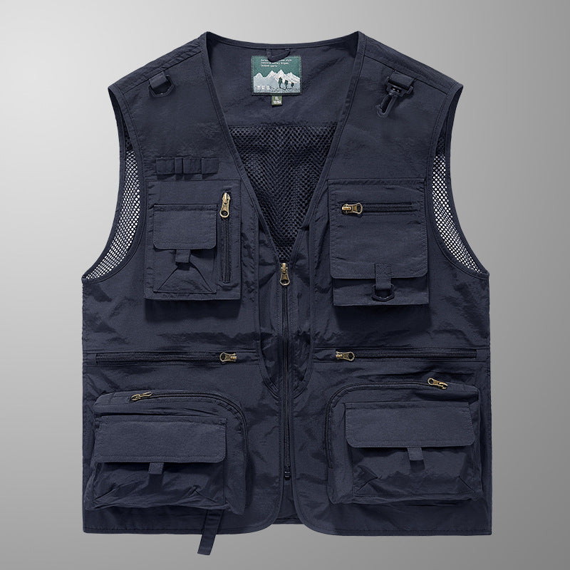 Herren multifunktionale Angler-Utility-Weste mit Mesh-Einsätzen, D‑Ringen und zahlreichen Reißverschluss- und Klappfächern EB