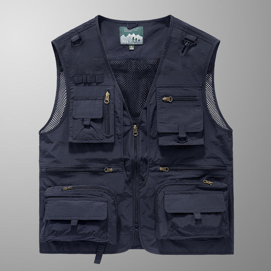 Herren multifunktionale Angler-Utility-Weste mit Mesh-Einsätzen, D‑Ringen und zahlreichen Reißverschluss- und Klappfächern EB