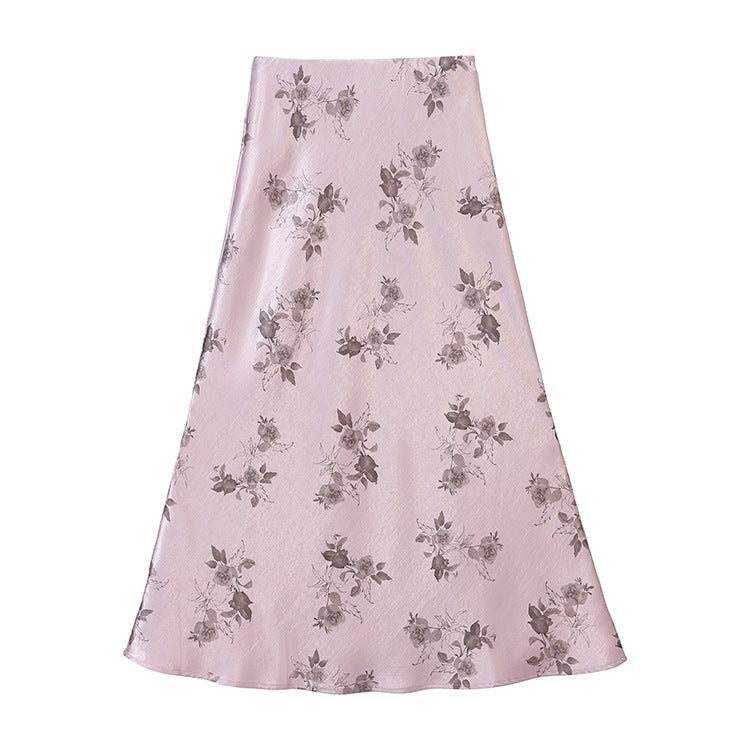 Damen  taillenhoher A-Linien-Midirock aus jacquardähnischem Satin mit floralem Relief EB