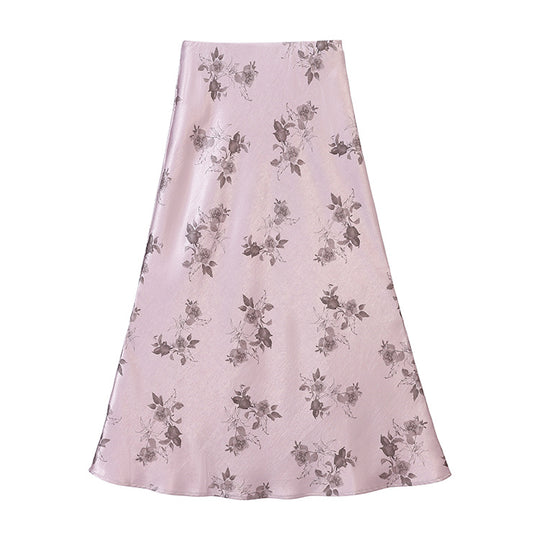 Damen  taillenhoher A-Linien-Midirock aus jacquardähnischem Satin mit floralem Relief EB