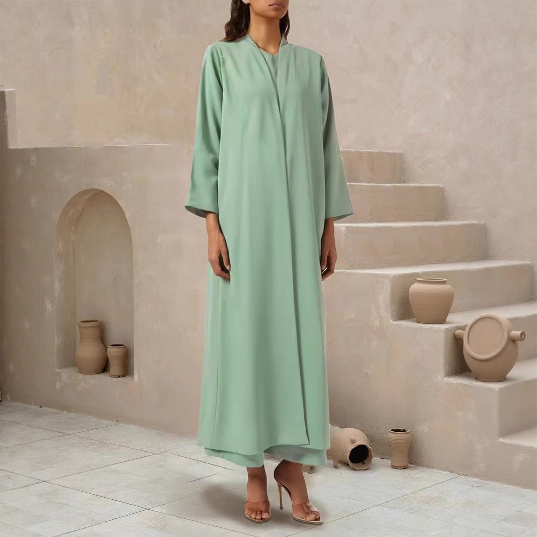 Damen Fließender Maxi-Kaftan-Mantel mit offenem Vorderteil und minimalistischem Stehkragen EB