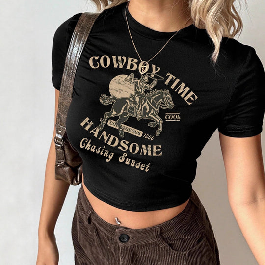 Damen Crop-T-Shirt mit kreativem Aussage-Design EB