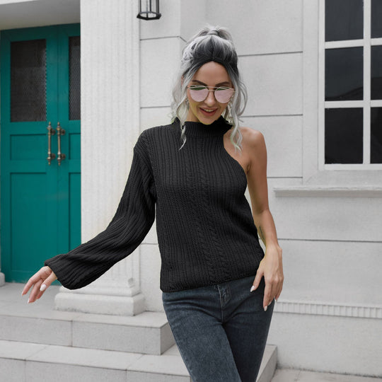 Damen Strickpullover mit asymmetrischem Ausschnitt und hohem Kragen EB
