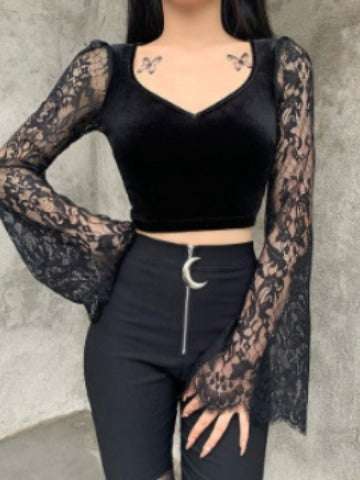 Damen Crop-Top mit eleganten Spitze-Ärmeln und figurbetontem Schnitt EB
