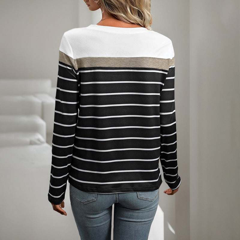 Damen lässiges gestreiftes Langarmshirt mit modernem Rundhalsausschnitt EB