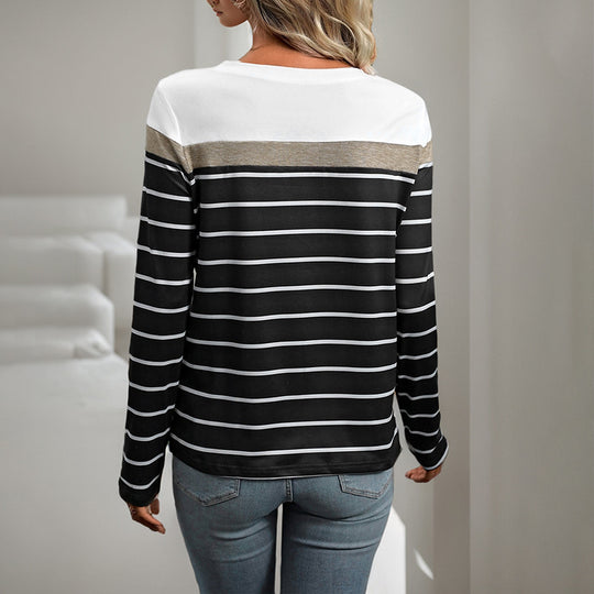 Damen lässiges gestreiftes Langarmshirt mit modernem Rundhalsausschnitt EB