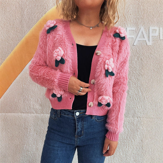 Damen Strickjacke mit floralen Applikationen und weichem Material EB
