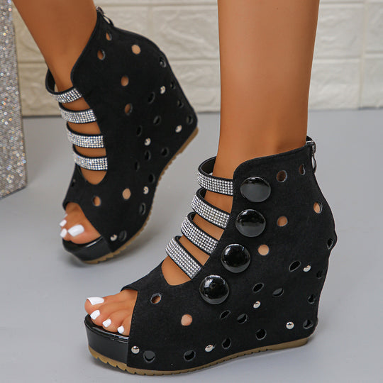 Damen Wedge-Sandalen mit modischem Lochdesign und glitzernden Applikationen EB