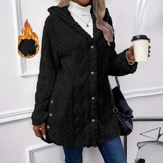 Damen kuscheliger Oversized-Mantel mit Kapuze und Knopfleiste EB