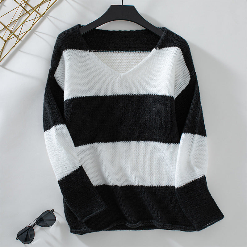 Damen lässiger V-Ausschnitt Strickpullover mit großzügigem Streifenmuster EB