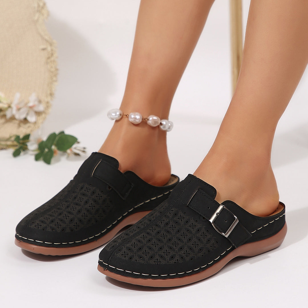 Damen Clogs mit eleganten Lochmuster und verstellbarem Riemen EB