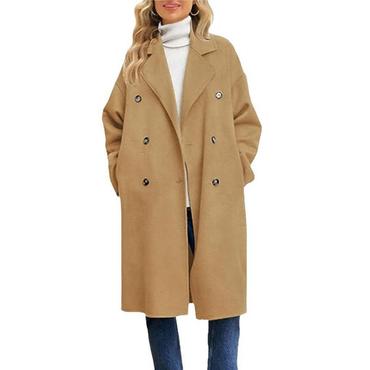 Damen eleganter und lässiger Wollmantel mit doppelter Knopfleiste EB
