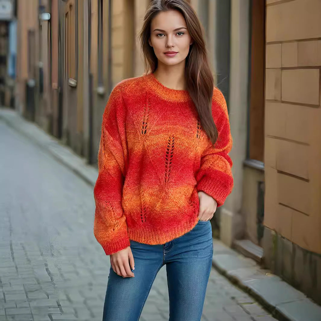 Damen lässiger Strickpullover mit modernem Lochmuster und voluminösen Ärmeln EB
