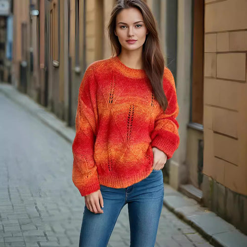 Damen lässiger Strickpullover mit modernem Lochmuster und voluminösen Ärmeln EB
