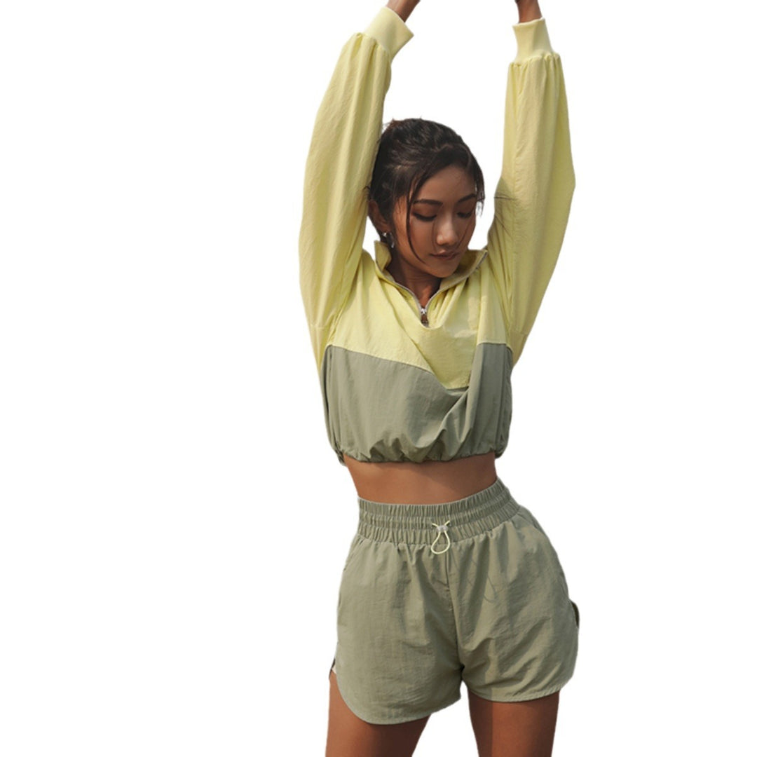 Damen nan sportliches kurzes Trainingsset mit halbem Reißverschluss, Tunnelzug und elastischen Laufshorts EB