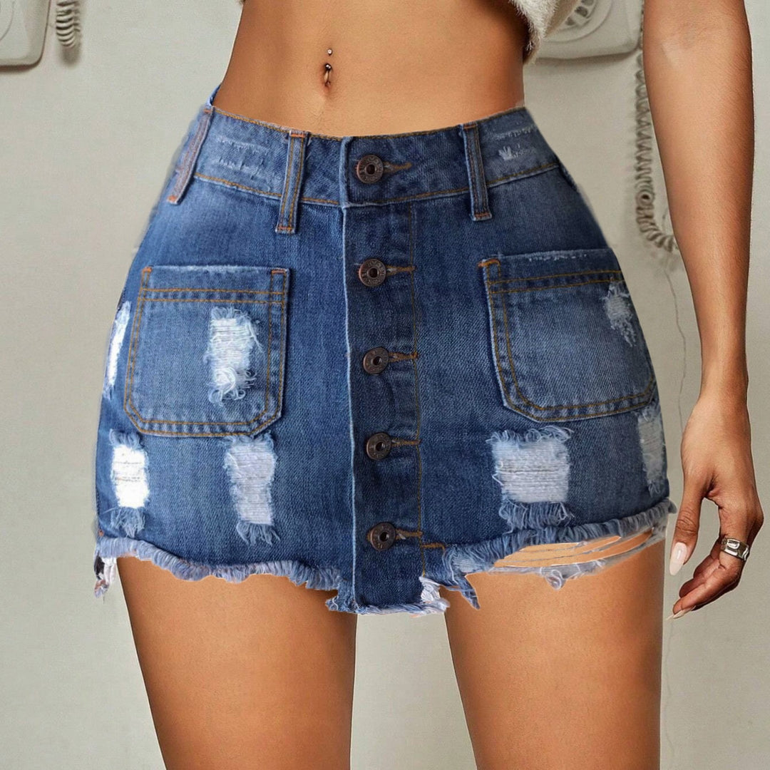Damen Jeansrock im Knopfdruck-Design mit Fransen EB