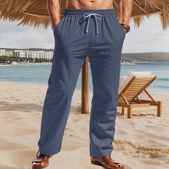 Herren Maritime Leinenoptik-Freizeithose mit Nadelstreifen elastischem Bund und seitlichen Eingrifftaschen EB