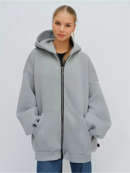 Damen lässiger Oversized Zip-Hoodie mit tiefen Taschen EB