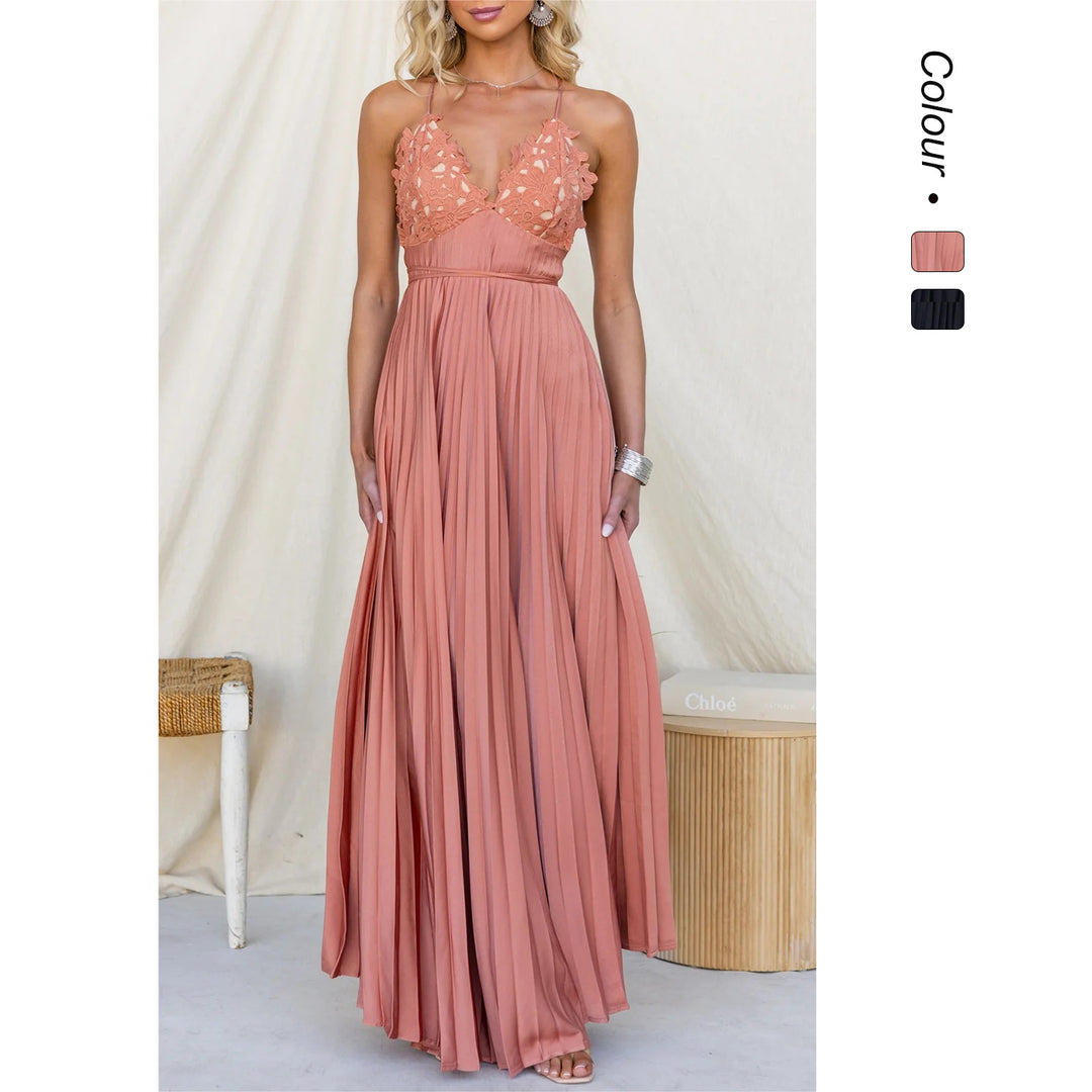 Damen Plissiertes Maxikleid mit verzierten Trägern und elegantem Taillengürtel EB